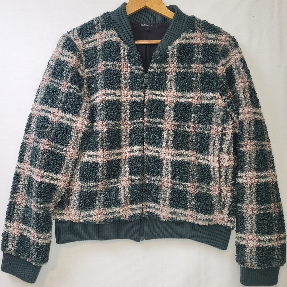 Beyond Yoga‎ Plaid Teddy Bomber Jacket Women's Size Small Cozy Warm